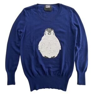 Markus Lupfer Sequin Penguin Sweater Womens S Navy Blue Merino Wool